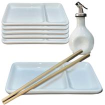 Kit 8 Pessoas Oriental com Prato Divisória para Shoyu Porcelana Branca Resistente