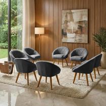 Kit 8 Poltrona Sala Decorativa Louis Veludo Cinza Pés Palito Castanho