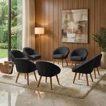 Kit 8 Poltrona Sala Decorativa Louis Veludo Preto Pés Palito Castanho