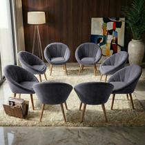 Kit 8 Poltrona Sala Decorativa Sofia Veludo Cinza Pés Palito Castanho
