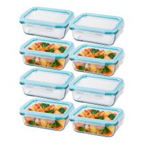 Kit 8 Pote de Vidro Marmita Hermético Retangular com Tampa Azul Vedação 400ml Em Casa Tem Kit 8 Pote de Vidro Marmita Hermético Retangular com Tampa Azul Vedação 400ml Em Casa Tem