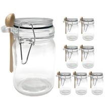 Kit 8 Pote Hermético De Vidro Com Trava e Colher de Bambu Redondo 280ml