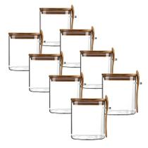 Kit 8 Pote Hermético Mantimento Armazenamento De Vidro Com Tampa e Colher de Bambu 650mL