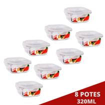 Kit 8 Pote Tampa Hermetica Quadrado de Vidro 320ml Multiuso
