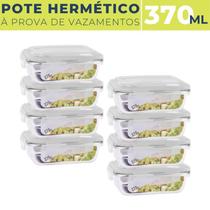 Kit 8 Potes de Vidro Hermético Marmita 4 Travas 370 ml Fitness Mantimentos Tampa Alimentos Microondas Retangular Jogo