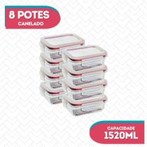 Kit 8 Potes Vidro Hermético Canelado Marmita Fitness 1520ml