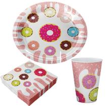 Kit 8 Pratos Copos e Guadanapos Festa Aniversário Donut