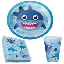 Kit 8 Pratos Copos e Guadanapos Festa Aniversário Tubarão