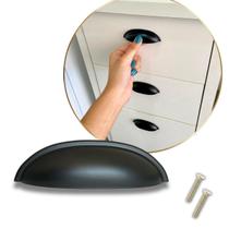 Kit 8 Puxador para Móveis como Gaveta, Armário, Cômoda, Modelo Concha Meia Lua, Preto Fosco em Metal