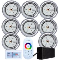 Kit 8 Refletores Led 9w RGB Inox e Comando para Iluminação Piscina