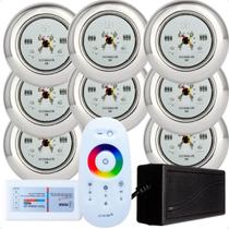 Kit 8 Refletores Led 9w RGB Inox S e Comando para Iluminação Piscina