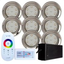 Kit 8 Refletores Led 9w RGB Inox S Iluminação Para Piscina e Comando