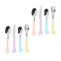 Kit 8 Talher Escolar Infantil Animais Alimentação Inox Plástico Creche Utensílios Faqueiro Cozinha