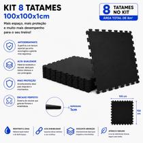 Kit 8 Tatames Tapetes Eva 100x100x1cm 1x1 Metro 10mm Preto Linha Premium com Bordas de Acabamento