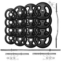 Kit 80Kg Anilhas de Ferro com Barras 40cm e 150cm + Barra W 1,20m
