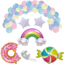 Kit 81U - Balões Candy Colors N5-N9 +1 Balão Metalizado Rosquinha Donuts +1 Nuvem Arco Íris +1 Balão Bala +2 Estrelas Kit 81U - Balões Candy Colors N5-N9 +1 Balão Metalizado Rosquinha Donuts +1 Nuvem Arco Íris +1 Balão Bala +2 Estrelas