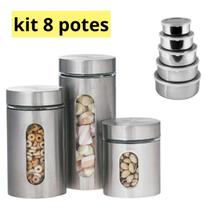 Kit 8x Potes Para Mantimentos De Aço Inox E Vidro Com Tampa -
