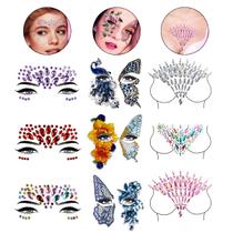 Kit 9 Adesivos Pedraria Strass Colorido Colo Rosto Carnaval Haloween Festa Fantasia Maquiagem Artística Makeup