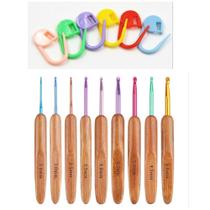 Kit 9 Agulhas Crochê Bambu Alumínio Ergonômicas 6 Alfinetes