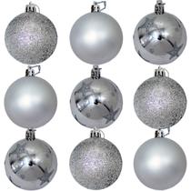 Kit 9 Bolas De Natal Árvore Natal Glitter Prata Enfeite 60mm