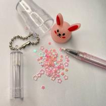 Kit 9 canetas chaveiro copinho de coelhinho com glitter colorida