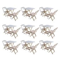 Kit 9 Conjuntos de Mesa Dobravel com 2 Cadeiras de Madeira 70x70 para Restaurante e Bar - sem Pintur