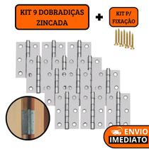 Kit 9 Dobradiças Zincada Com Parafuso Para Porta De Madeira 8,9cm