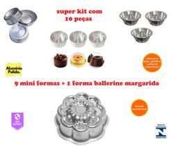 Kit 9 Formas Mini Para Mini Bolos Piscina, Pudim, Bolo Suíço Baby + 1 Forma Margarida Ballerine Kit 9 Formas Mini Para Mini Bolos Piscina, Pudim, Bolo Suíço Baby + 1 Forma Margarida Ballerine