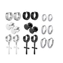 kit 9 pares de brinco argola cruz crucifixo aço inox prata preta dourado conjunto
