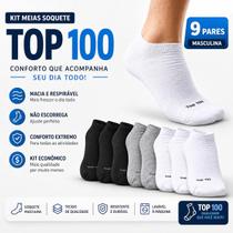 Kit 9 Pares Meias Soquete Masculina Top100 Conforto Extremo e Não Escorrega Cores Preta, Cinza e Branca