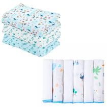 Kit 9 Peças Enxoval Bebe - 3 Cueiros Flanelados Estampados + 6 Paninho de boca