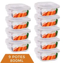 Kit 9 Pote de Vidro Hermético Mantimento Tampa Plástico 800ml