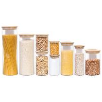 Kit 9 Potes de Vidro c/ Tampa Bambu Hermética p/ Alimentos