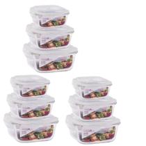 Kit 9 Potes Quadrado 3 Tamanhos Vidro Hermético Marmita