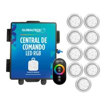 Kit 9 Refletor LED Piscina RGB 9W Inox + Central Touch
