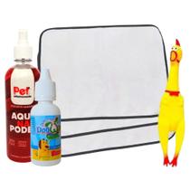 Kit 9 Tapetes Higiênicos Pet + Brinquedo Frango Barulhento + Xixi Sim 20ml + Aqui Não Pode 500ml