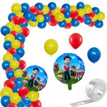 Kit 90 Balões Festa Patrulha Canina + Tira Arco Desconstruído 5 Metros+ Balão Metalizado 2 Patrulha Canina Redondo 45cm