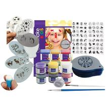 Kit 90 Stencil Pintura Facial Rosto + Tintas Pincel + Glitter + batedor de dedo