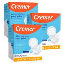 Kit 90 unidades de Absorvente Descartavéis Para Seios Toque Suave Cremer 3 CAIXAS COM 30UND CADA