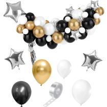 Kit 94 Peças Balão Bexiga Ouro e Preto, Balão Látex Branco, Balão Estrela-Decoração Festa Aniversário-Arco Descontruído