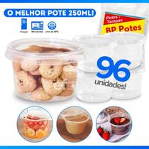 Kit 96 Potes Redondos de Plástico Pote Para Bolo 250ml Transparente Com Tampa Lacre