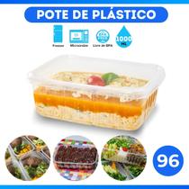 Kit 96 unidades Pote Plástico Retangular Descartável 1000 ML Com Tampa Bpa Free