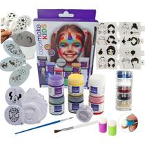 Kit 98 Stencil Pintura Facial + 6 Glitter + 6 Tintas + 2 Batedores + 2 pinceis