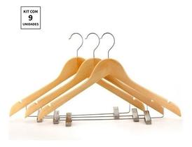 Kit 9x Cabides De Madeira Com Presilha Verniz Marfim Roupa Kit 9x Cabides De Madeira Com Presilha Verniz Marfim Roupa