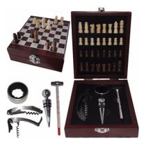 KIT Abridor De Vinho 4 Peças Com Maleta E Jogo Xadrez De Madeira Saca Rolhas Com Acessórios Completo