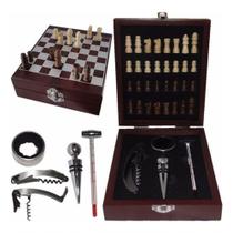 Kit Abridor De Vinho 4 Peças Maleta E Jogo Xadrez De Madeira