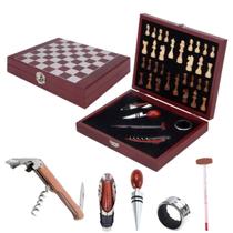 Kit Abridor De Vinho Saca Rolhas 6 Peças Com Jogo De Xadrez Maleta Luxo BR14001