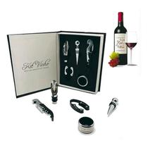 Kit Abridor Garrafa Vinho Canivete Saca Rolhas Bico Dosador Corta Lacres Anel Salva Gotas Tampa Livro 5 Peças Conjunto