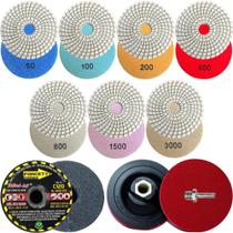 Kit Acabamento 45 Graus Porcelanato Lixa Diamantada 100 + Rebolo Cônico 3 Polegadas 120 + Suporte
