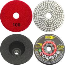 Kit Acabamento 45 Graus Porcelanato Lixa Diamantada 100 + Rebolo Copo Cônico 4 Polegadas 80